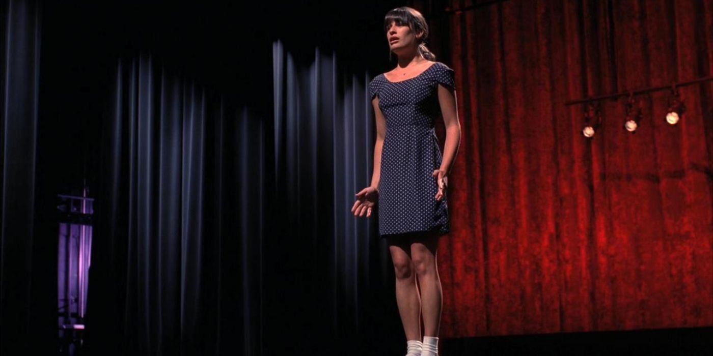 Rachel performing on stage in Glee