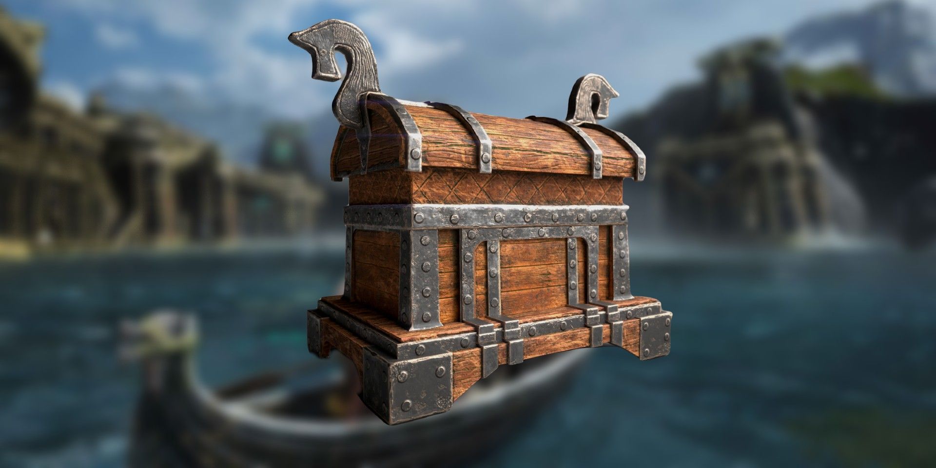 A chest containing Hacksilver in God of War superimposed over a blurry in-game shot of Kratos and Atreus on a boat