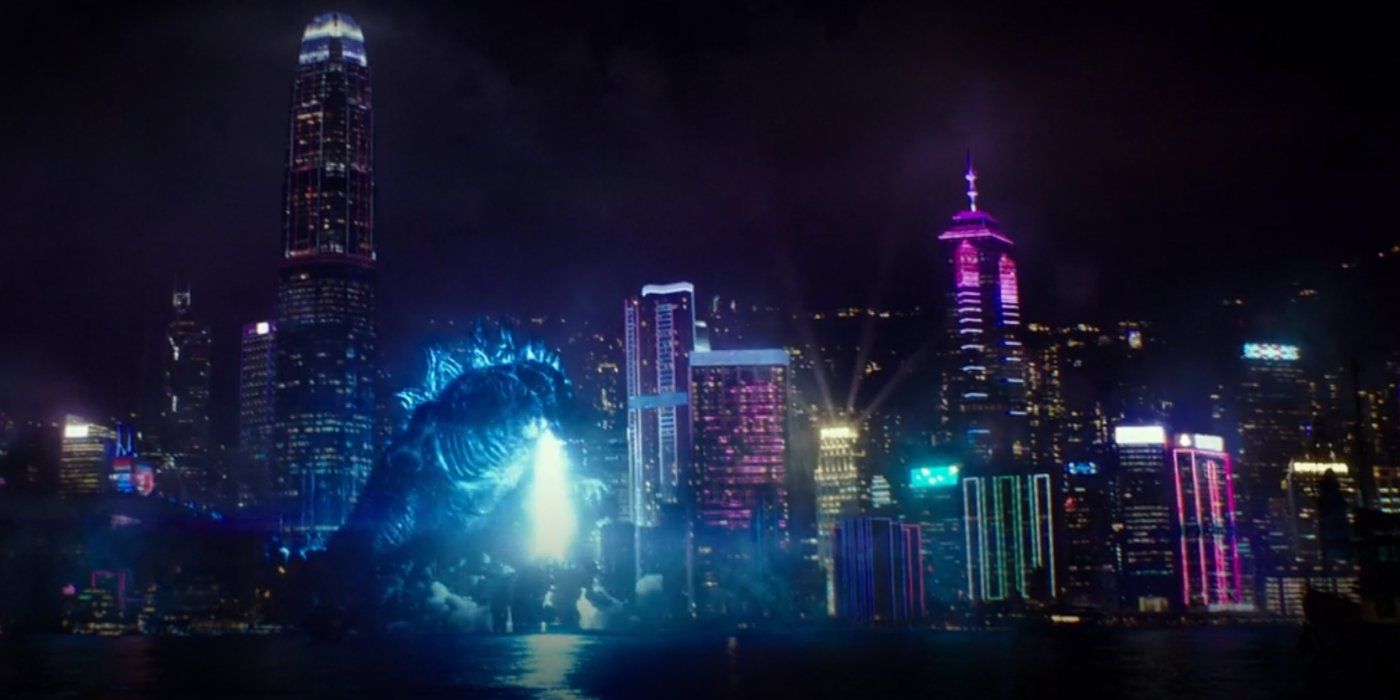 Godzilla using Atomic Breath Blast in Hong Kong in Godzilla vs. Kong