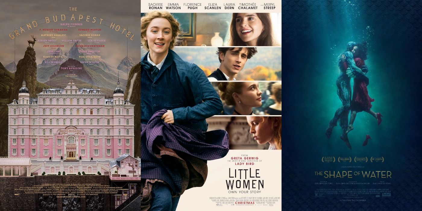 split image of posters for Grand Budapest Hotel, Little Women, Shape of Water
