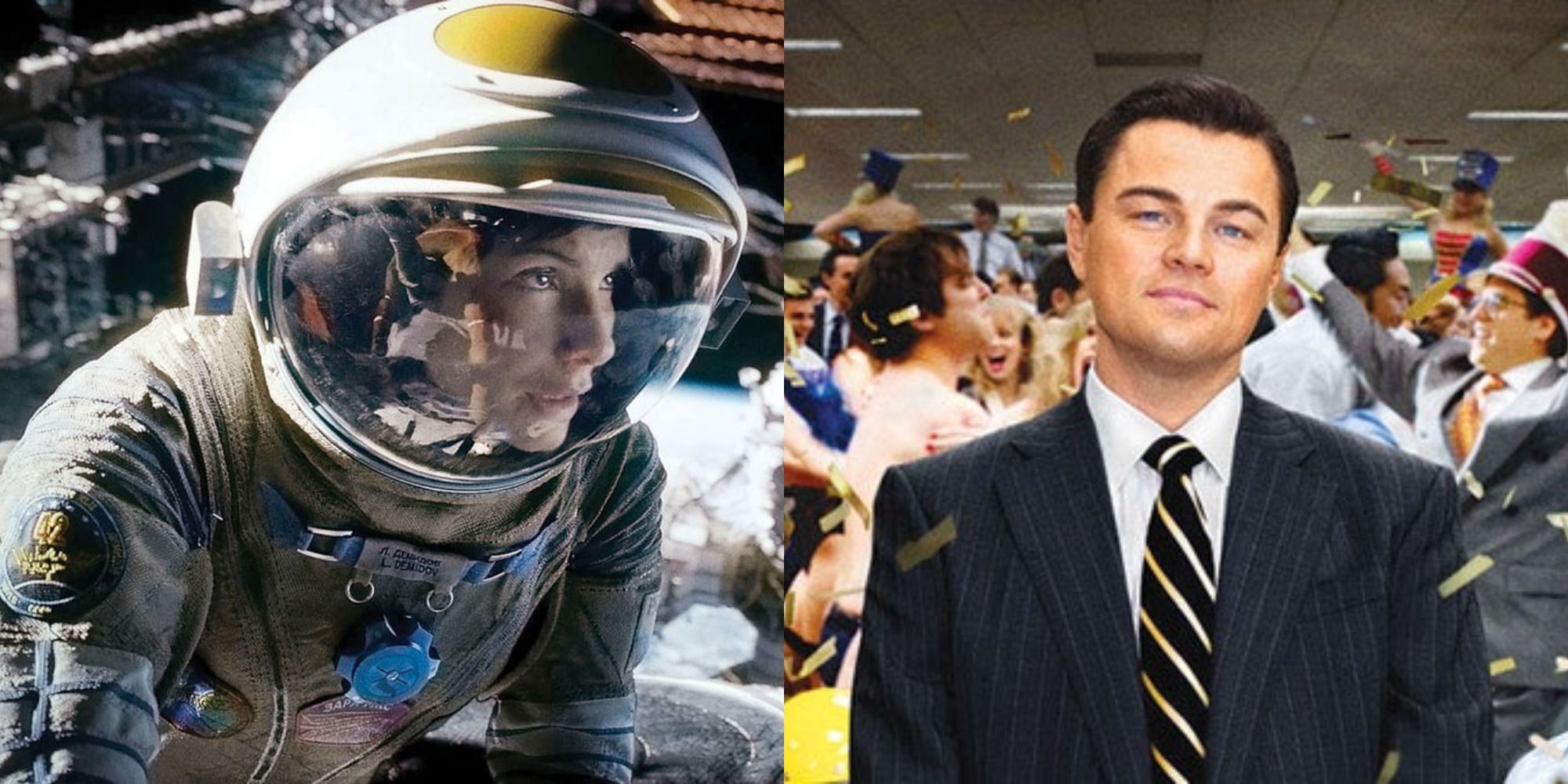 Split image showing Ryan Stone in Gravity and Jordan Belfort in The Wolf of Wall Street