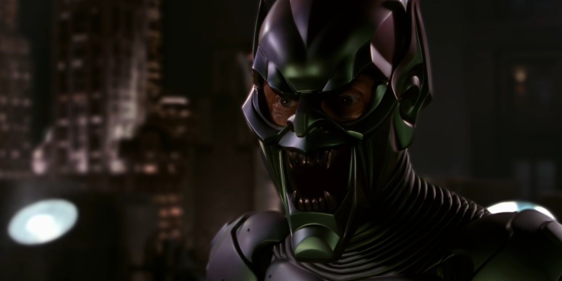 Green Goblin speaking to Spider-Man on a rooftop in Spider-Man 2002