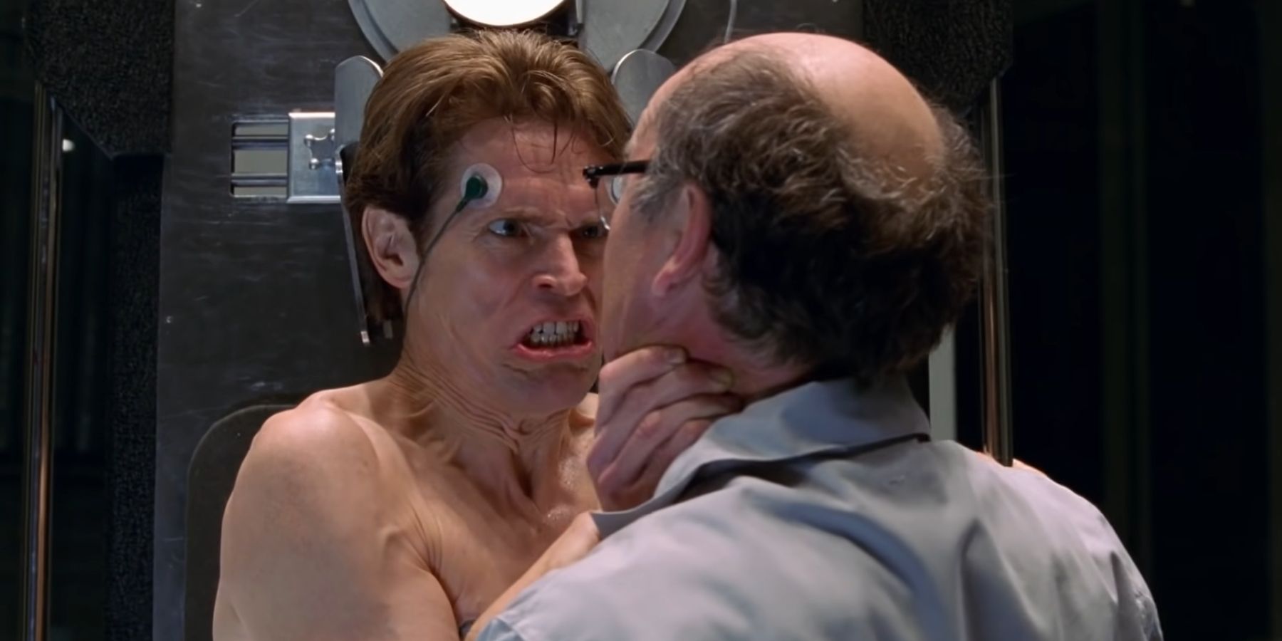 Green Goblin strangling his lab assistant in Spider-Man 2002