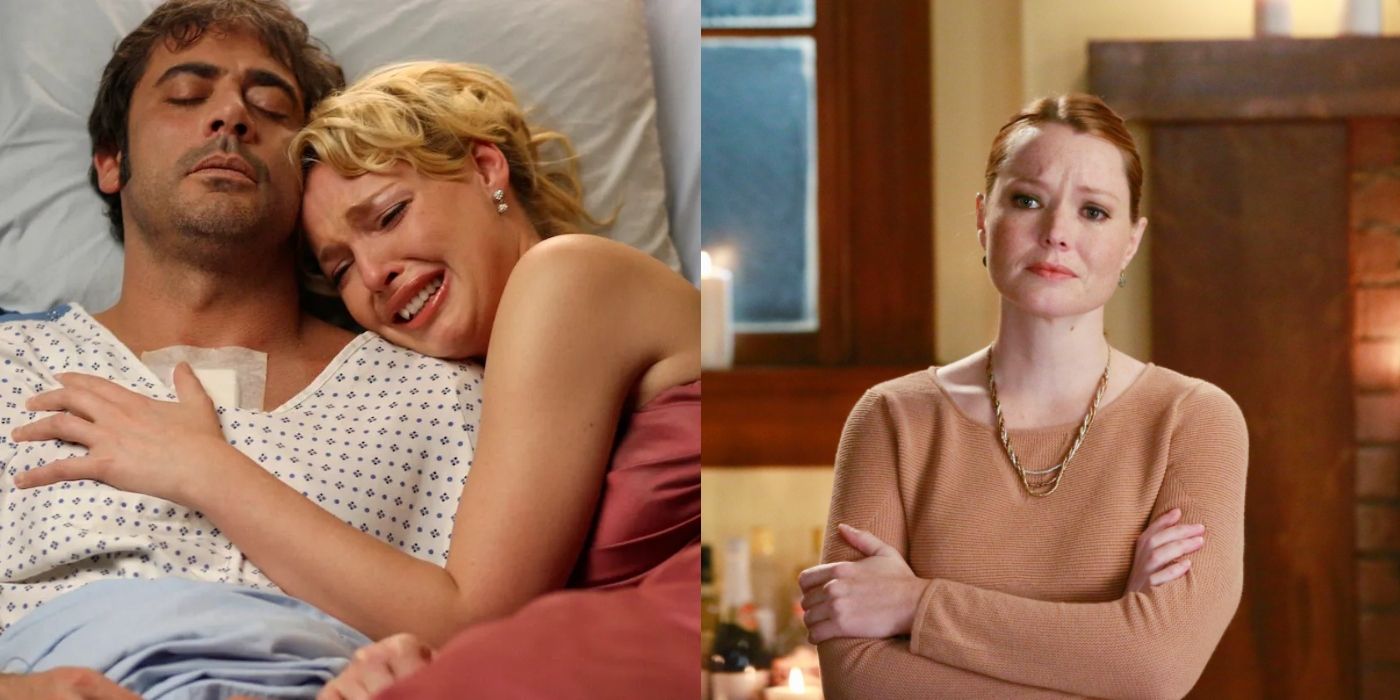 Split image of Izzie lying with Denny and Penny looking serious on Grey&rsquo;s Anatomy