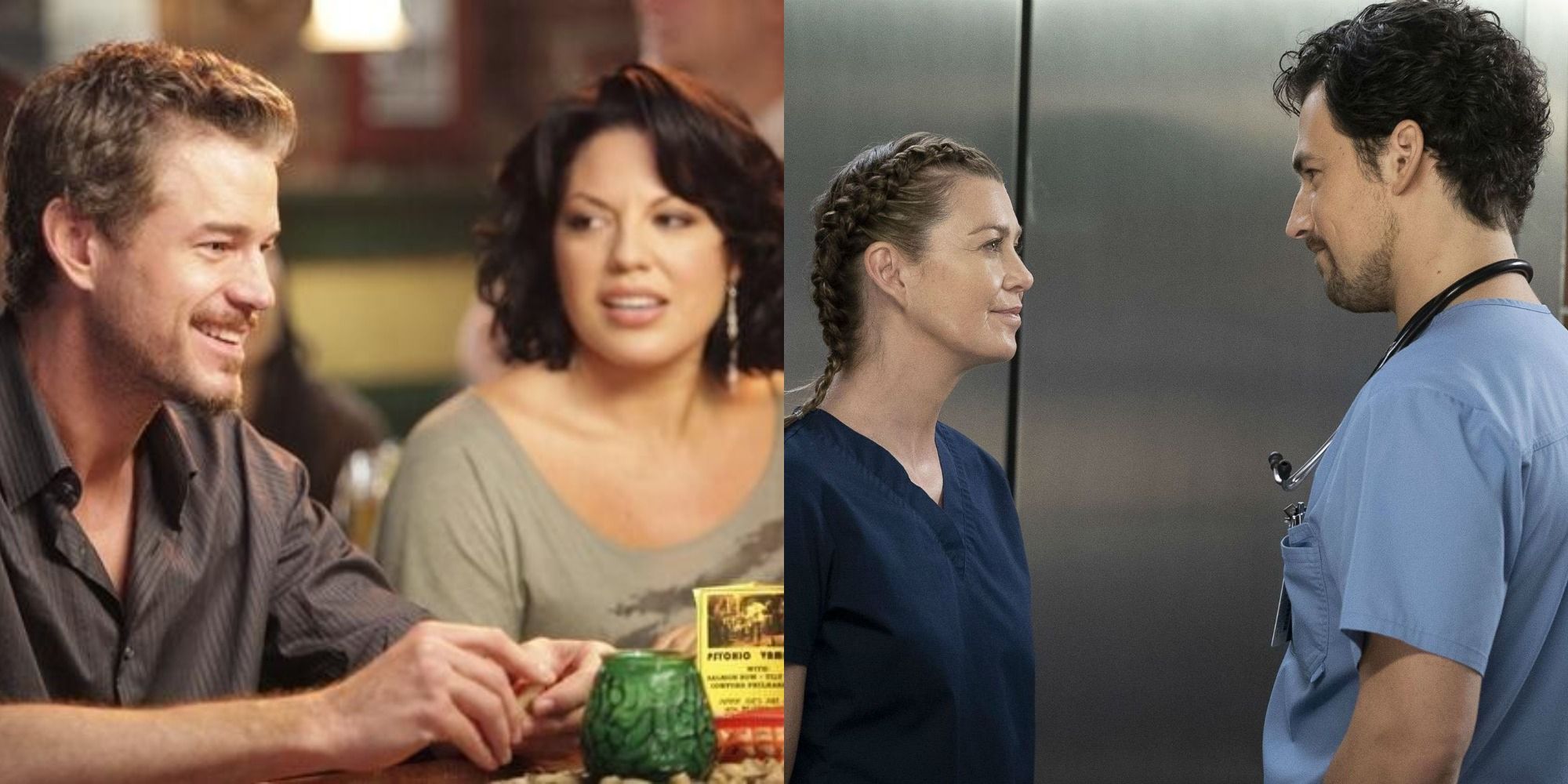 Split image showing Marck and Callie and Meredith and DeLuca in Grey&rsquo;s Anatomy