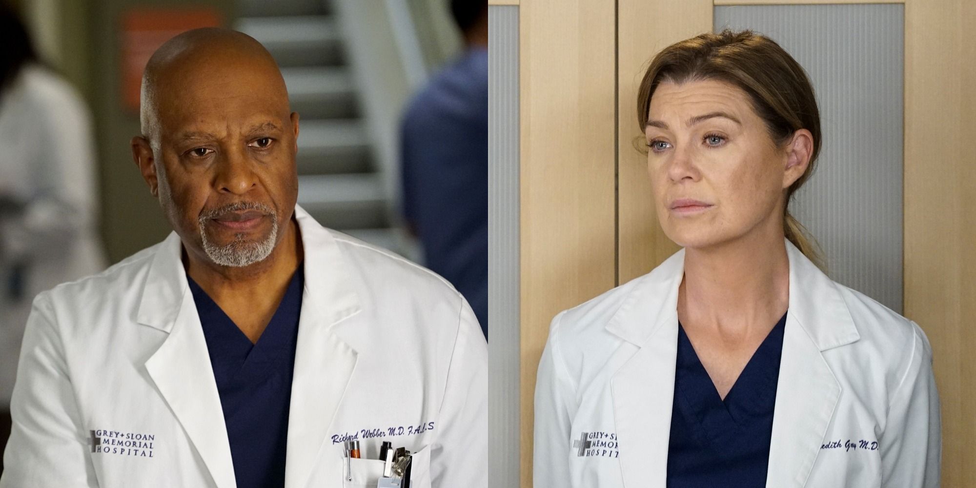 Split image showing Richard and Meredith looking serious in Grey's Anatomy