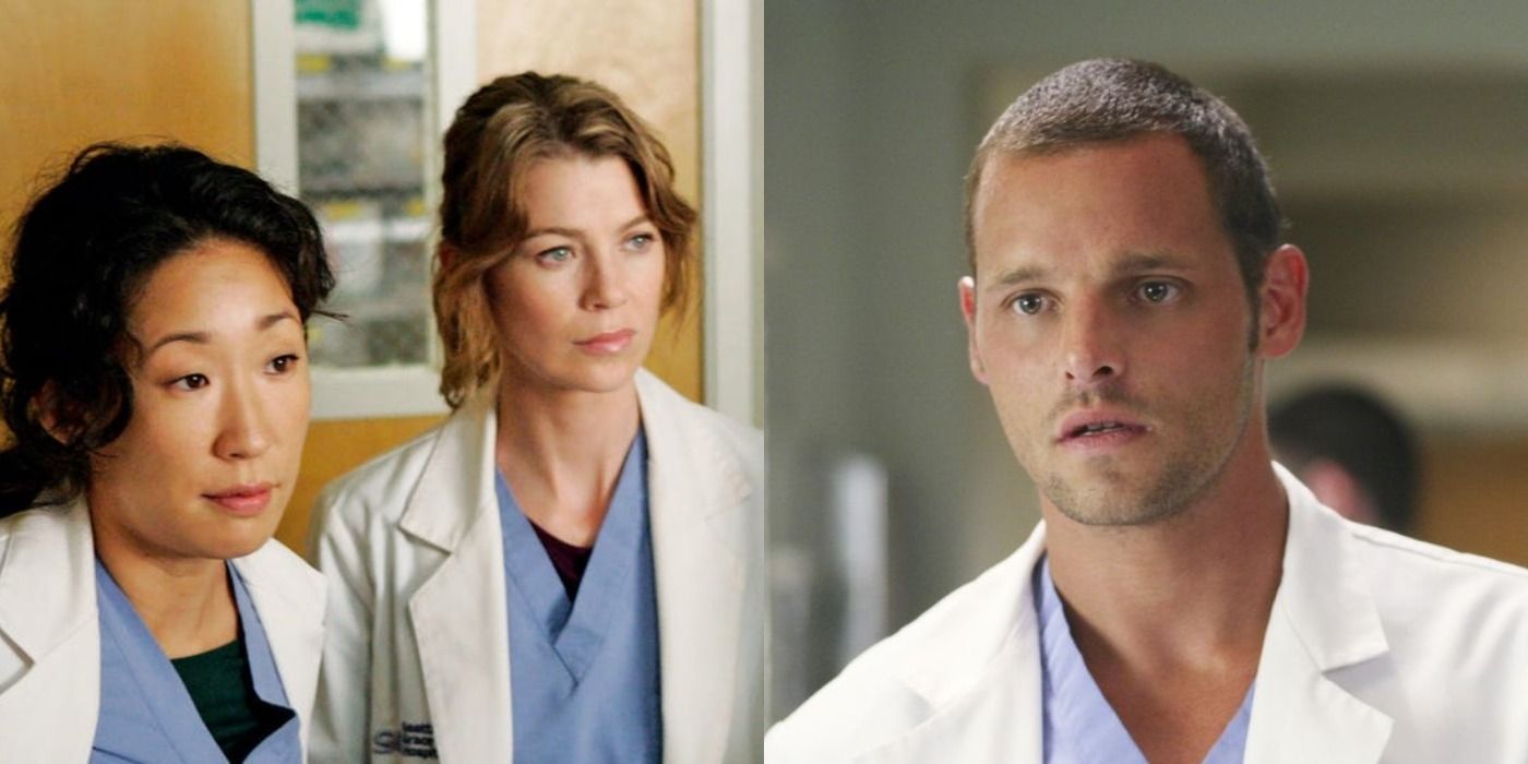 Split image of Cristina and Meredith standing together and Alex looking serious in Grey&rsquo;s Anatomy