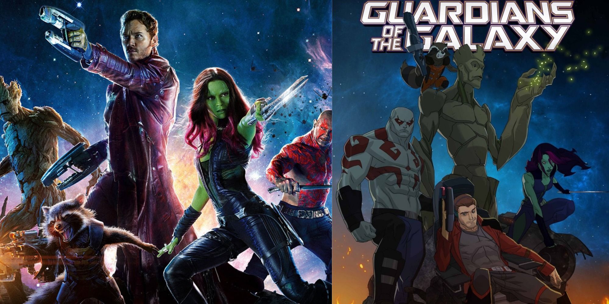 Split image of the Guardians of the Galaxy in the MCU and animated series