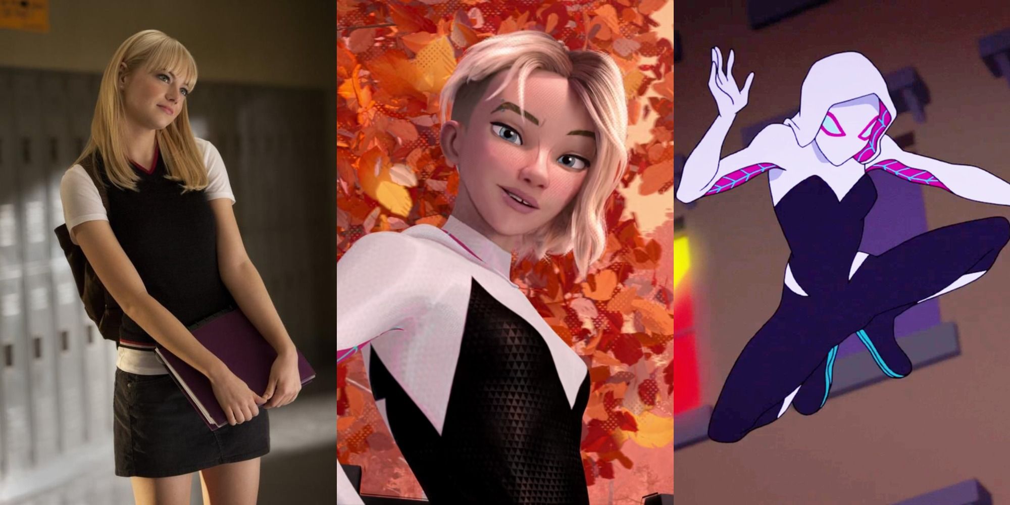 Split image of Gwen Stacy in Amazing Spider-Man, Into The Spider-Verse and Marvel Rising