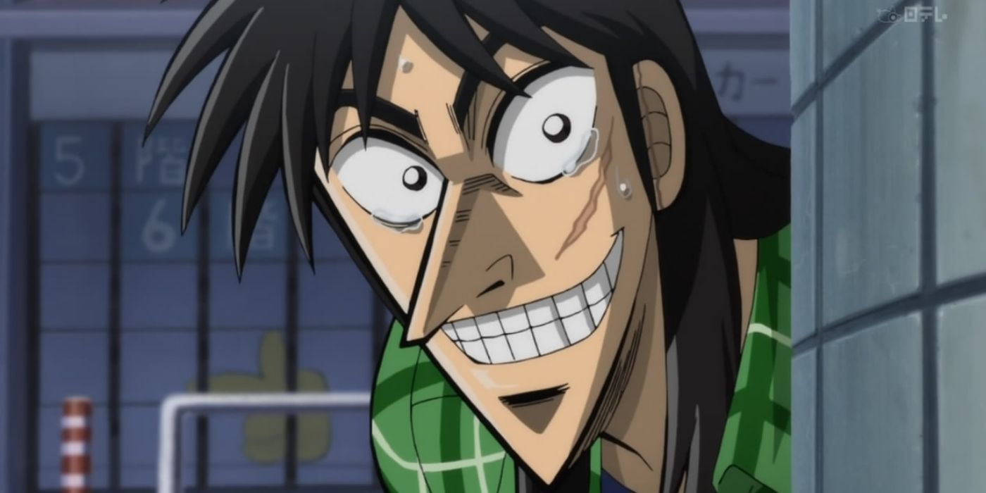 A character smiling and looking excited in the anime Gyakkyou Burai Kaiji