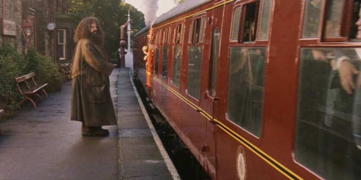 Hagrid se despede de Harry quando ele entra no Expresso de Hogwarts no final da Pedra Filosofal