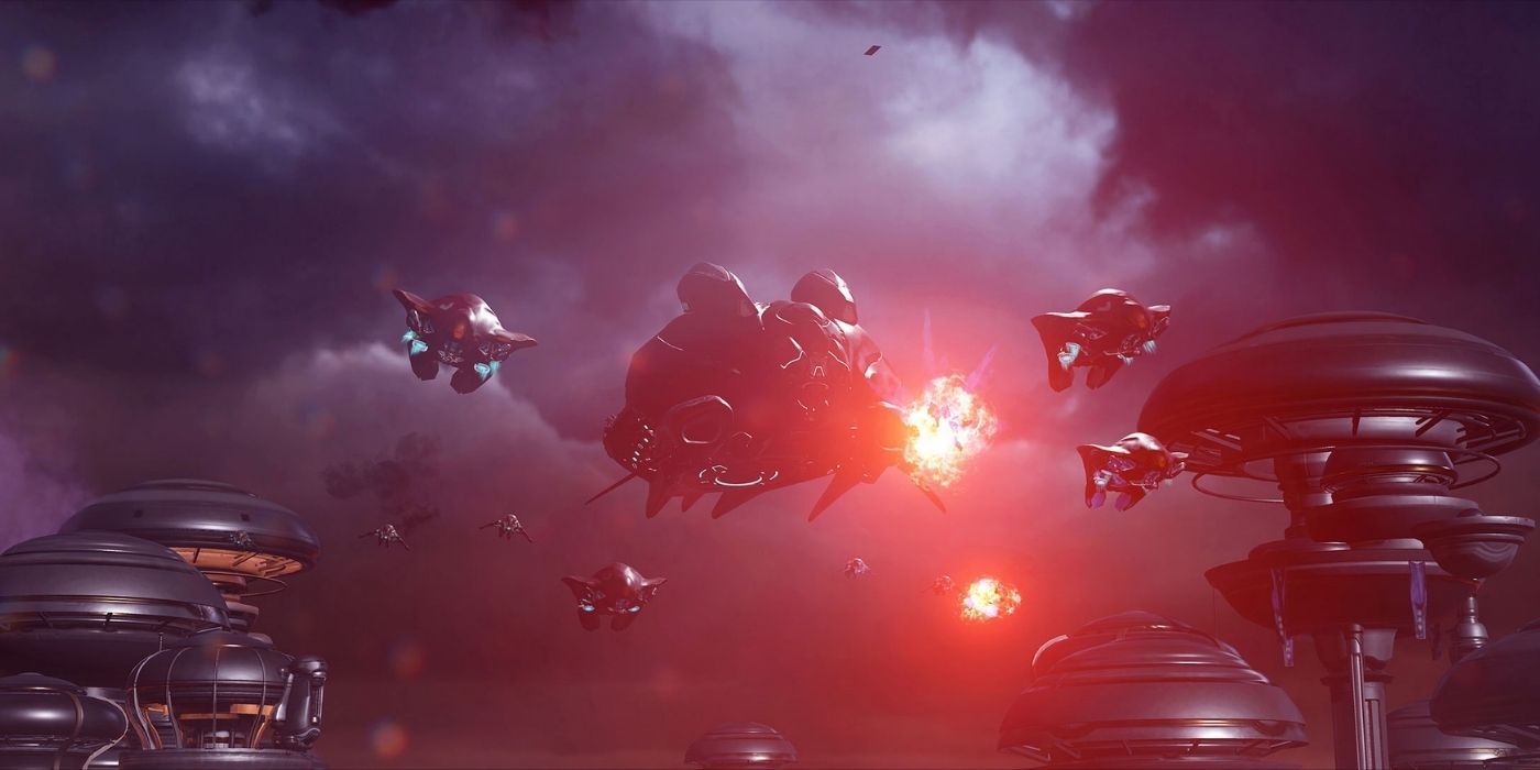 Space ships shooting at each other in Halo 5