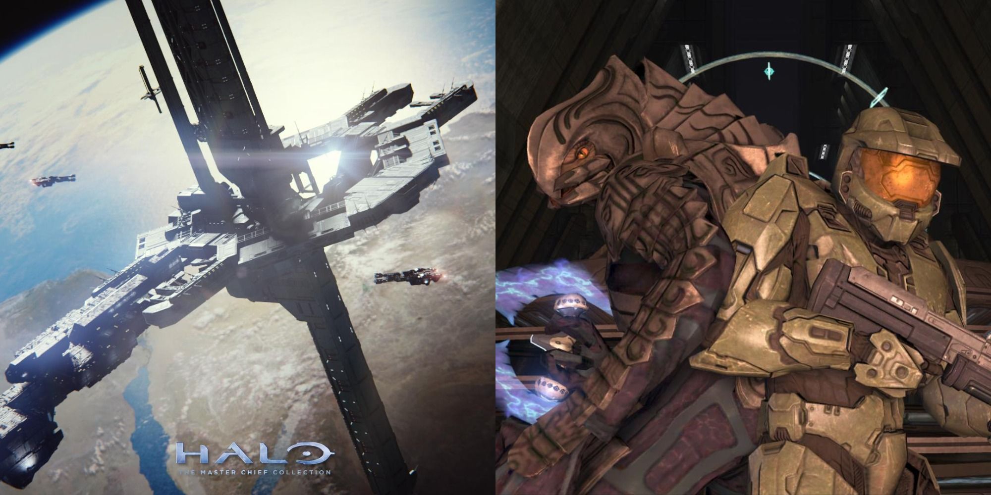 Split image showing the Cairo Station and two characters from the Halo franchise