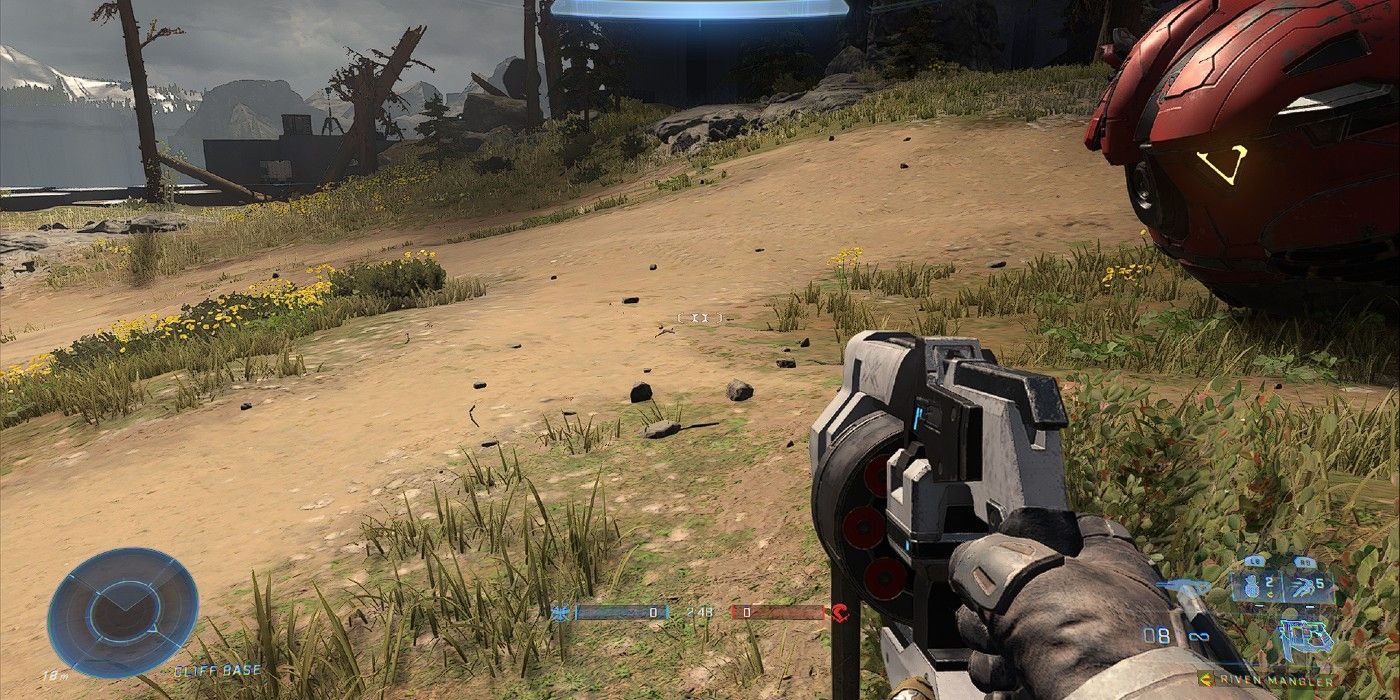 A player uses the Riven Mangler in Halo Infinite