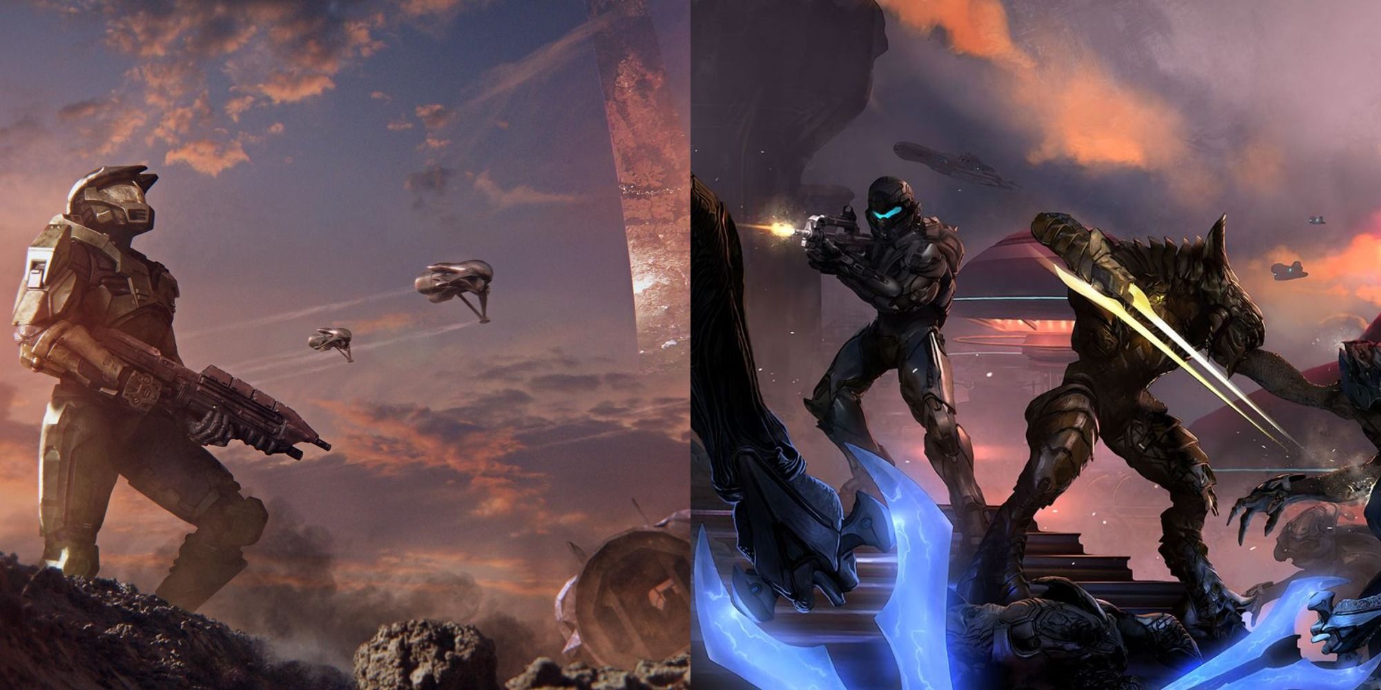 Split image showing a Halo character looking up and two characters fighting