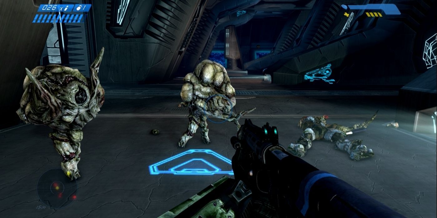 First-person view of a shooter aiming at enemies in Halo