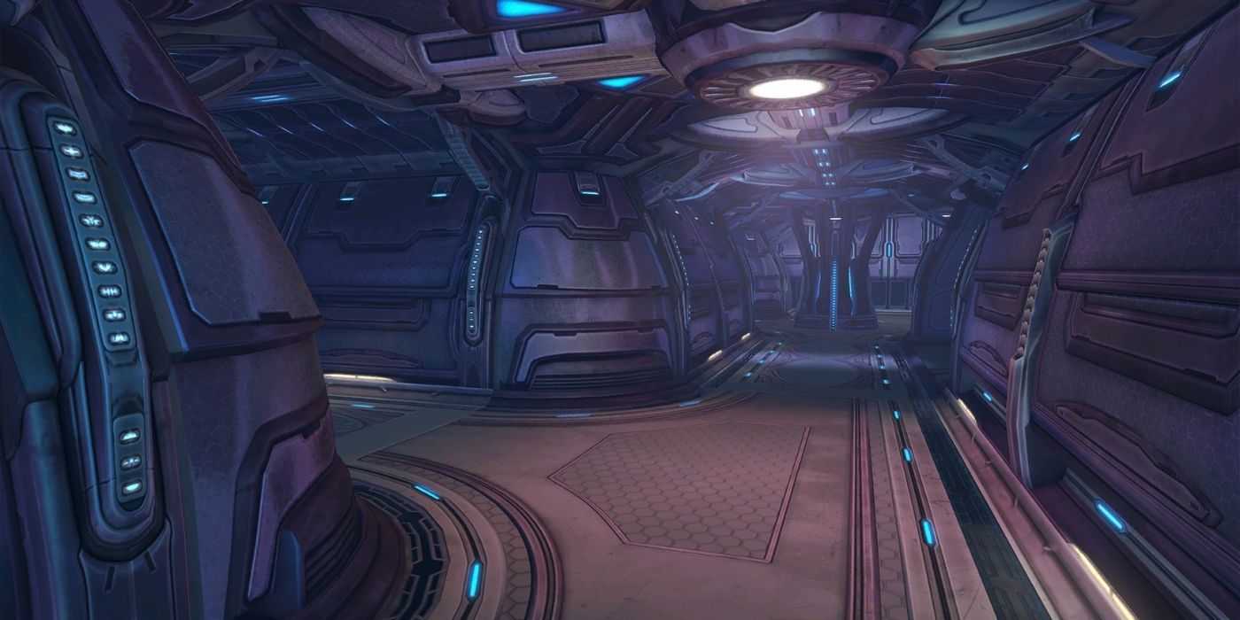An empty corridor inside a spaceship in Halo