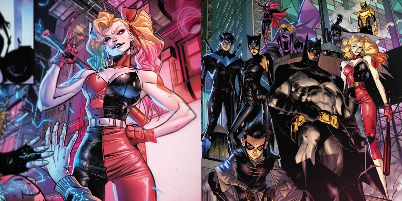 Split image of Harley wielding a bat against a criminal and with the rest of the Bat-family in comics
