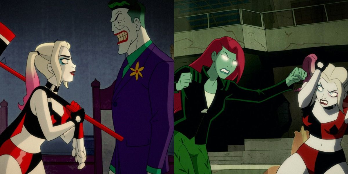 Split image where Harley Quinn fights Joker and Poison Ivy