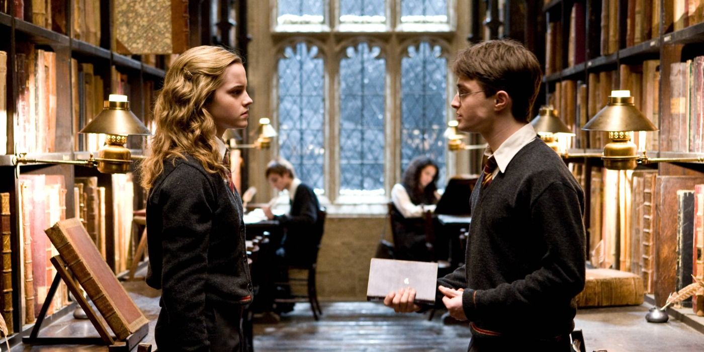 Harry and Hermione in the library in Half-Blood Prince
