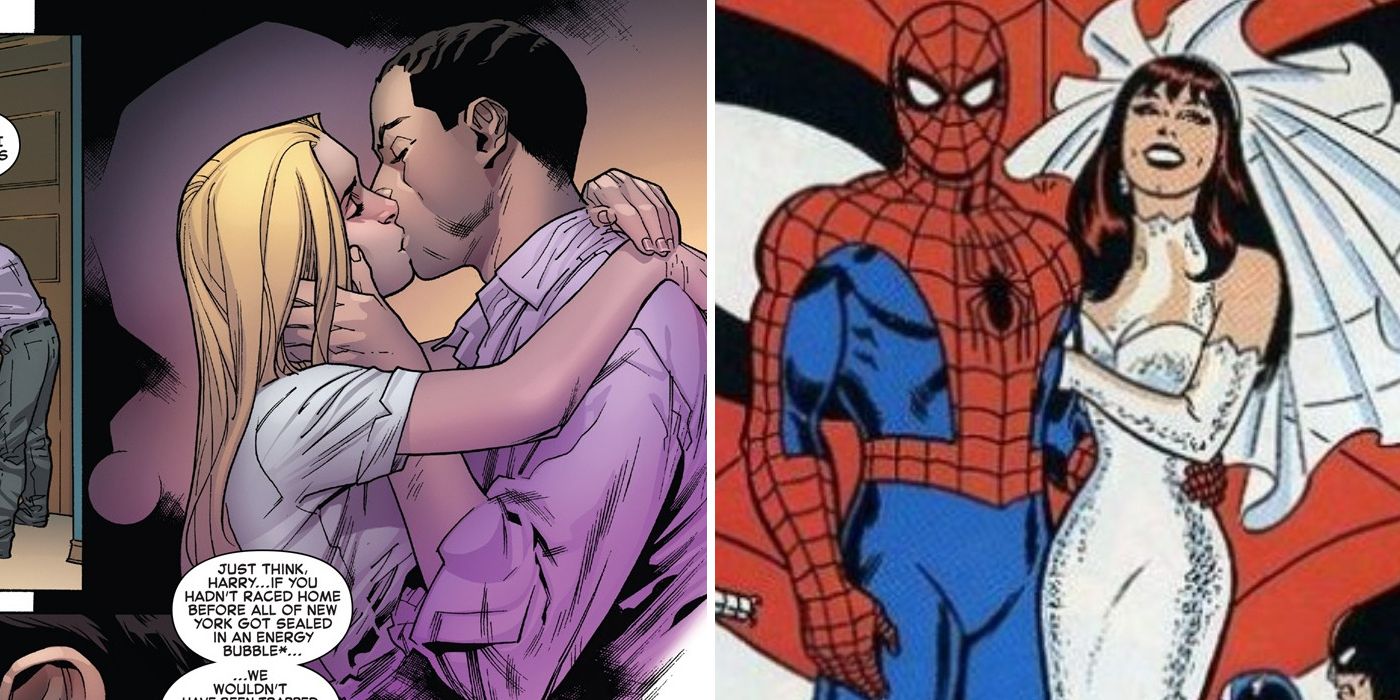 Split image where Harry and Liz kiss, and MJ and Spider-Man get married in Marvel comics