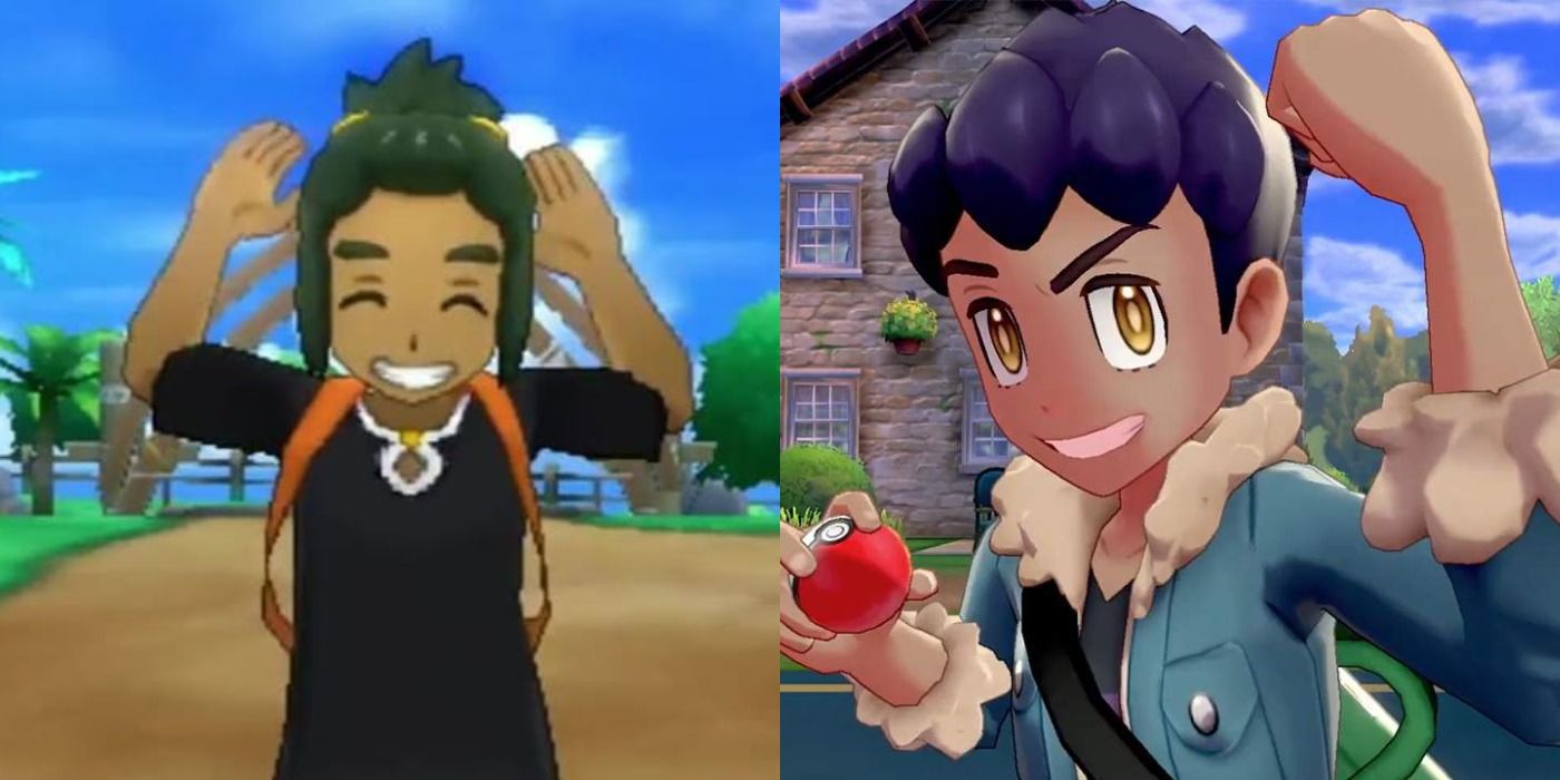 Split image of Hau from Alola and Hop from Galar interacting with the player character