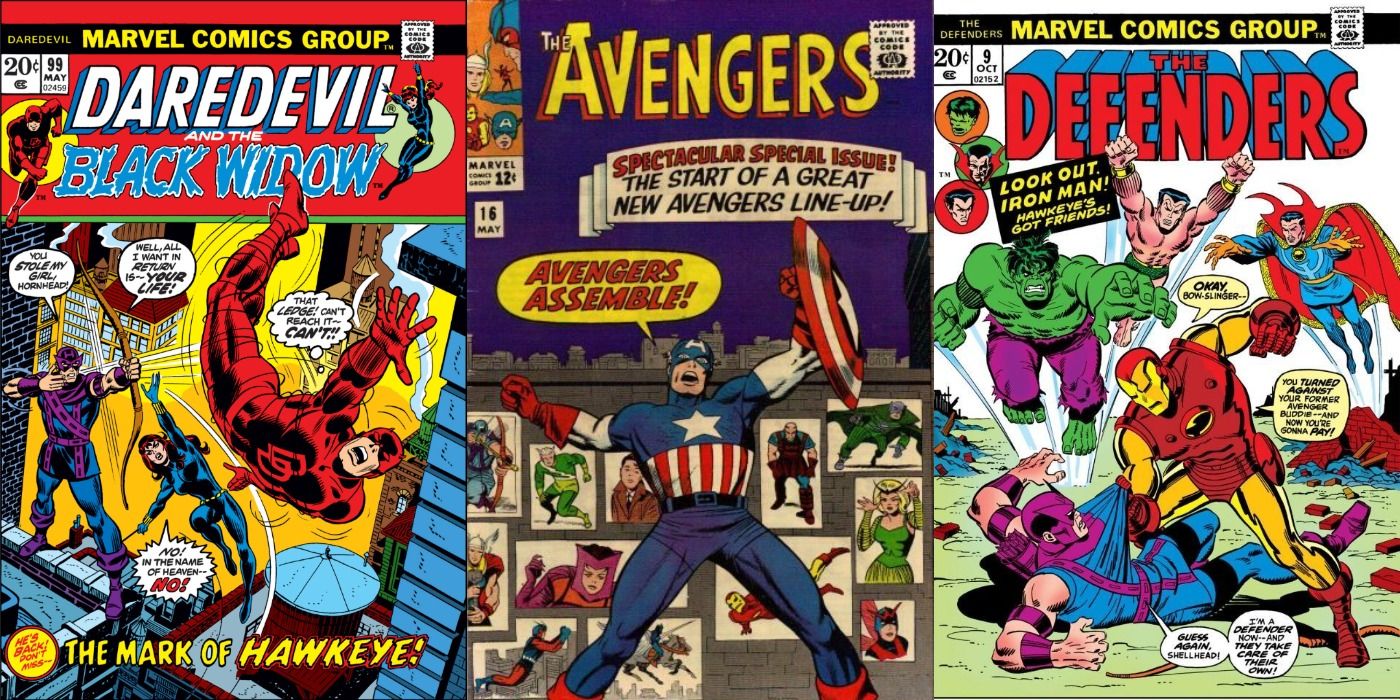 Split image of three comic book covers featuring Hawkeye
