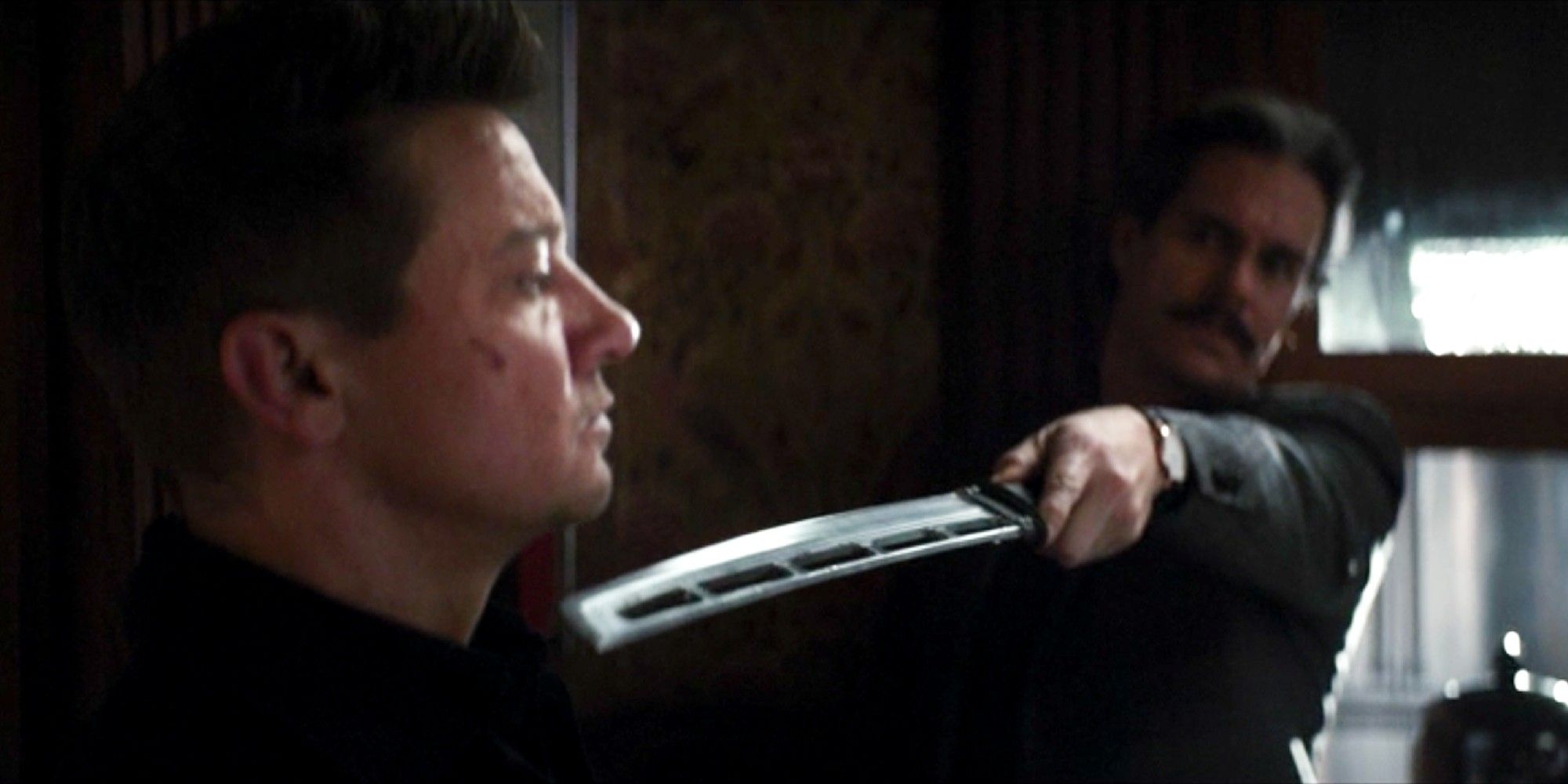Jack holds a sword against Clint's neck in Hawkeye.