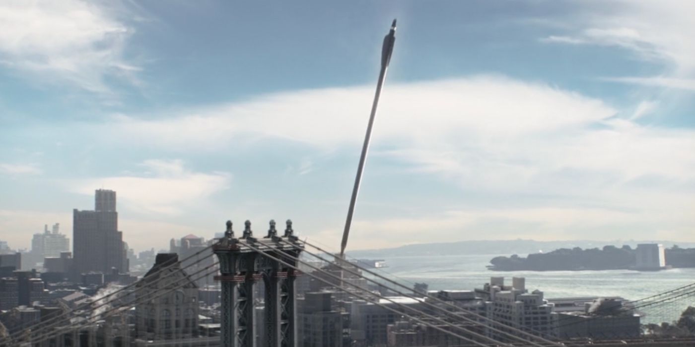 A Pym trick arrow falls towards the Manhattan bridge in Hawkeye.
