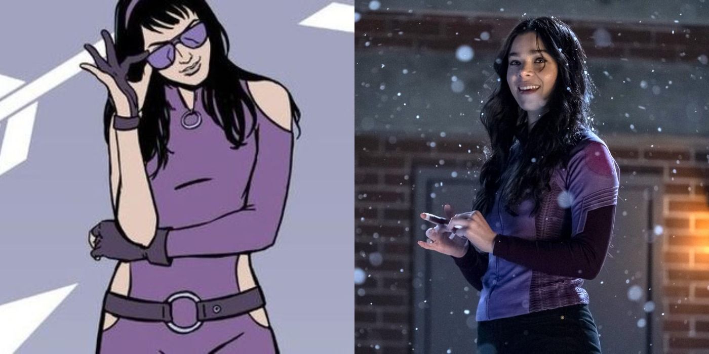 Split image of Kate Bishop in her purple Hawkeye suit and glasses, and Hailee Steinfeld in costume as Bishop in the snow