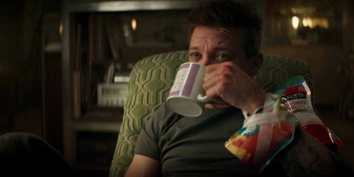 Clint Barton drinks from a Thanos Was Right mug