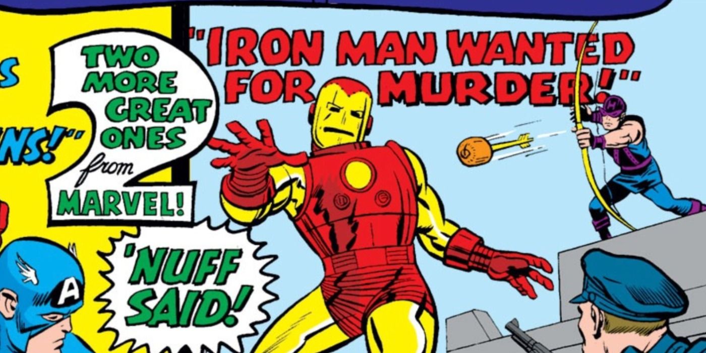 Hawkeye shoots an arrow at Iron Man in Marvel Comics.
