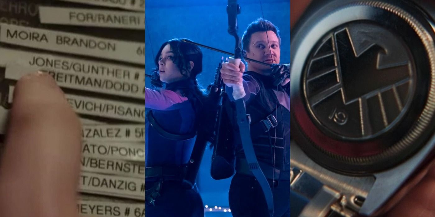 A split image features the name Moira Brandon on a buzzer list, Clint and Kate shooting arrows back to back, and the back of a SHIELD watch in Hawkeye