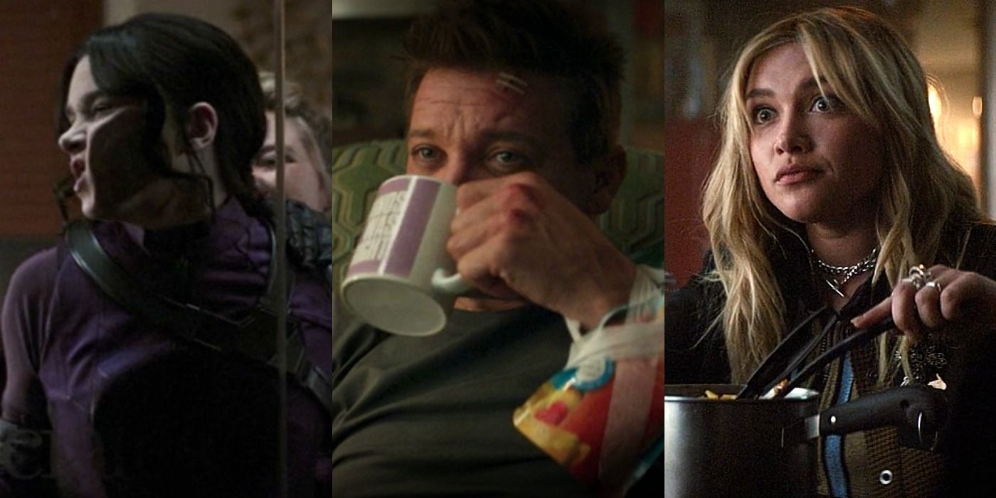 A split image features Kate Bishop, Clint Barton drinking, and Yelena Belova eating in Hawkeye