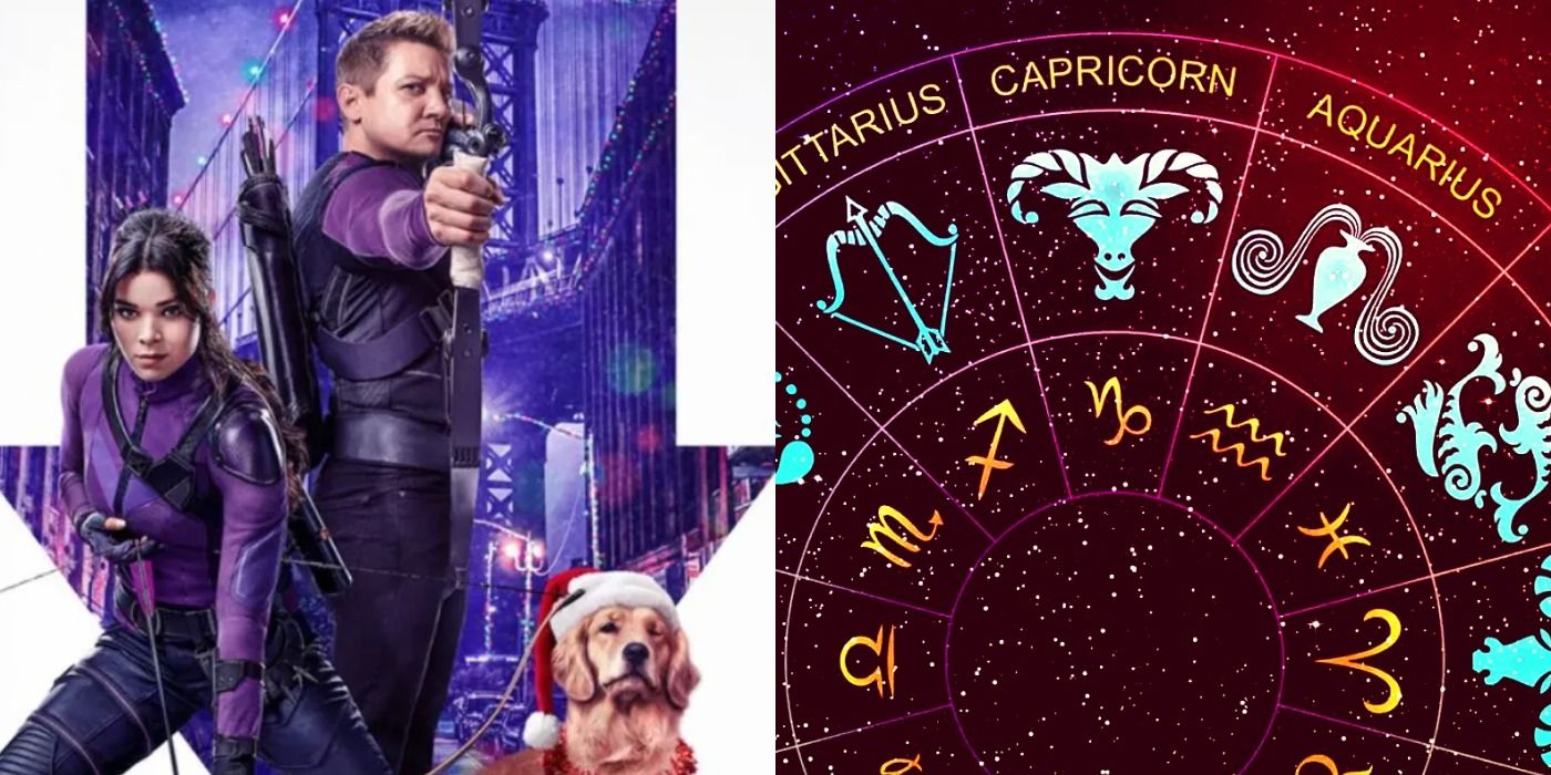 A split image features Kate, Clint, and Lucky in the Hawkeye promo poster alongside a zodiac wheel with Capricorn at the top