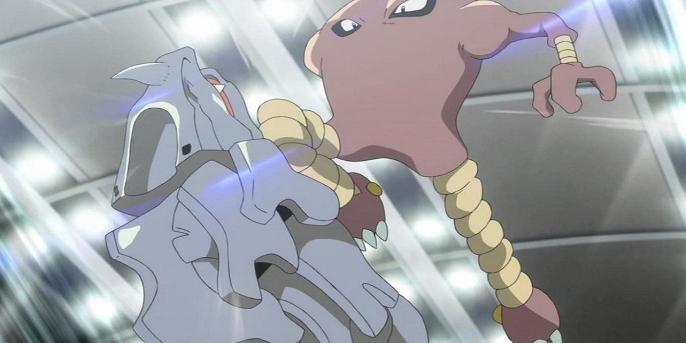 Hitmonlee uses High Jump Kick against a Rhyhorn in the Pokemon anime