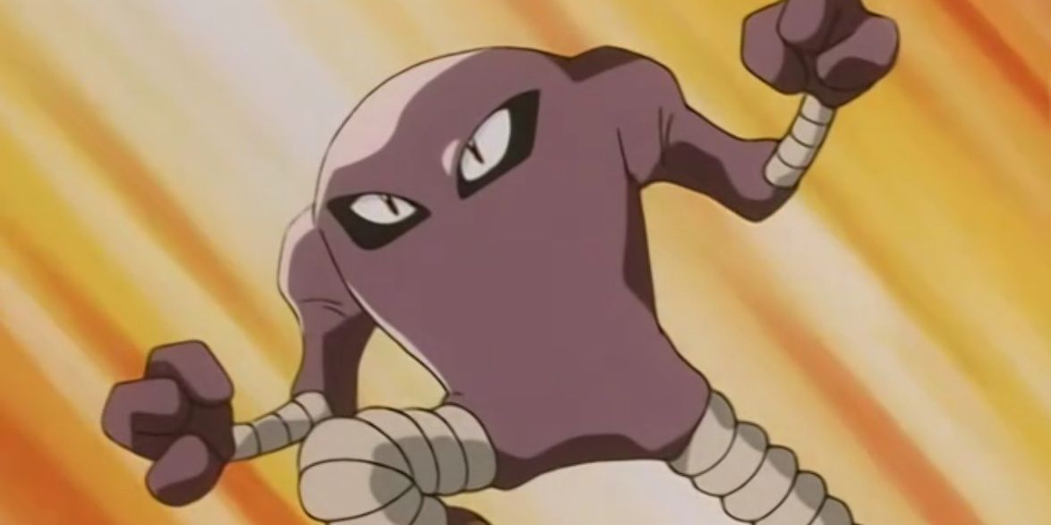 Shiro&rsquo;s Hitmonlee jumps through the air to attack in the Pokemon anime