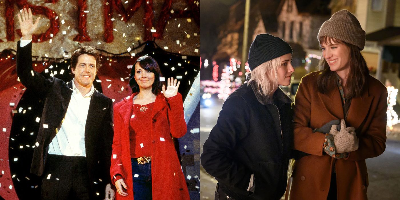 Split image of couples from Love Actually and Happiest Season