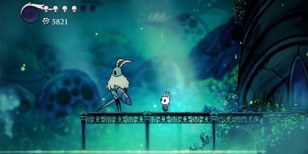 Hollow Knight encounters a mysterious entity on a pier