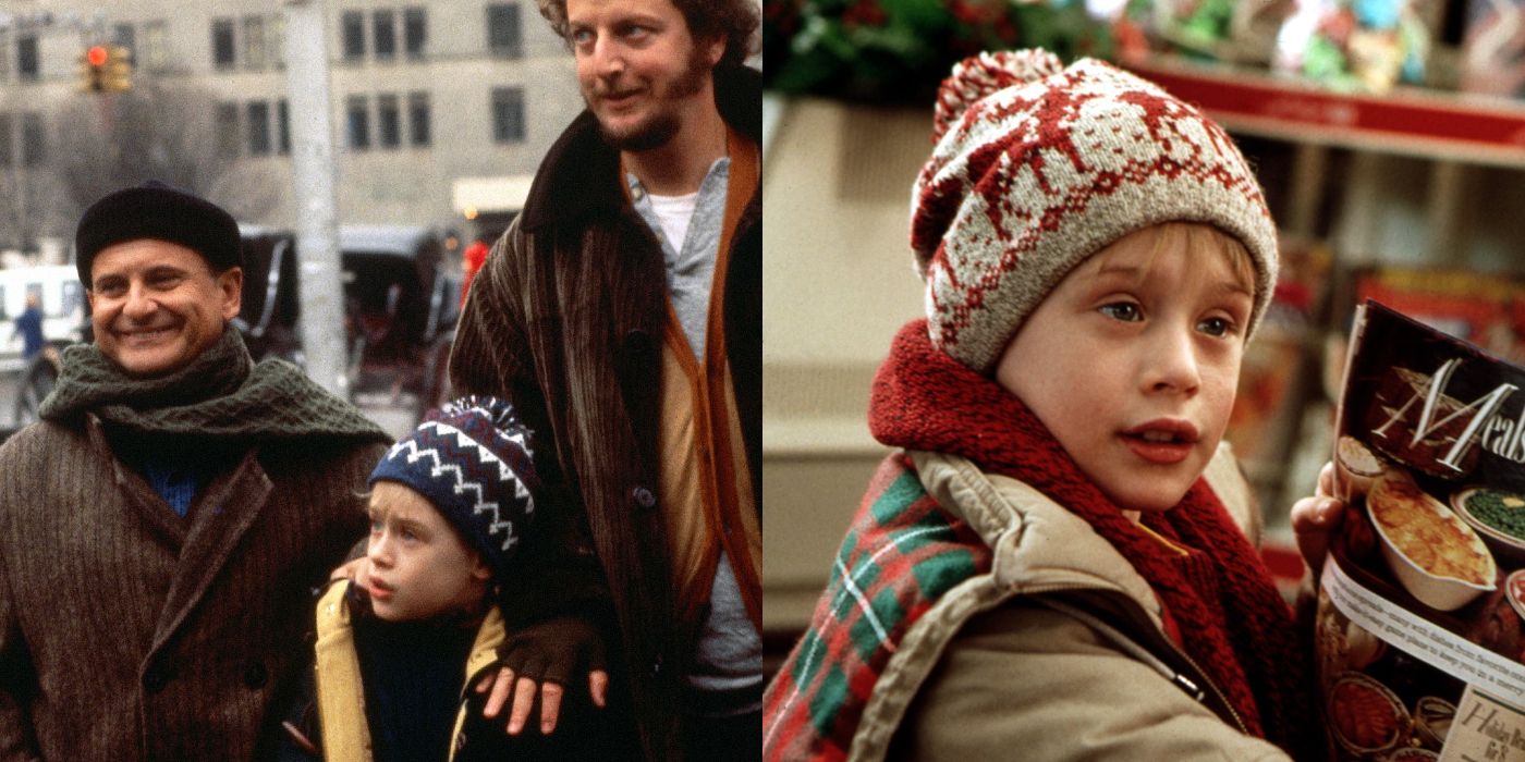 Split image of Harry, Marv and Kevin in New York, and Kevin alone in a store in the Home Alone movies