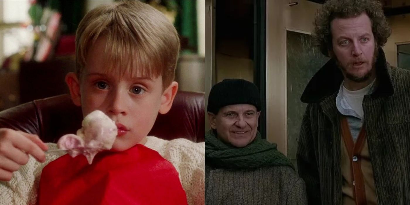 Split image of Kevin eating ice cream and the Wet Bandits in Home Alone