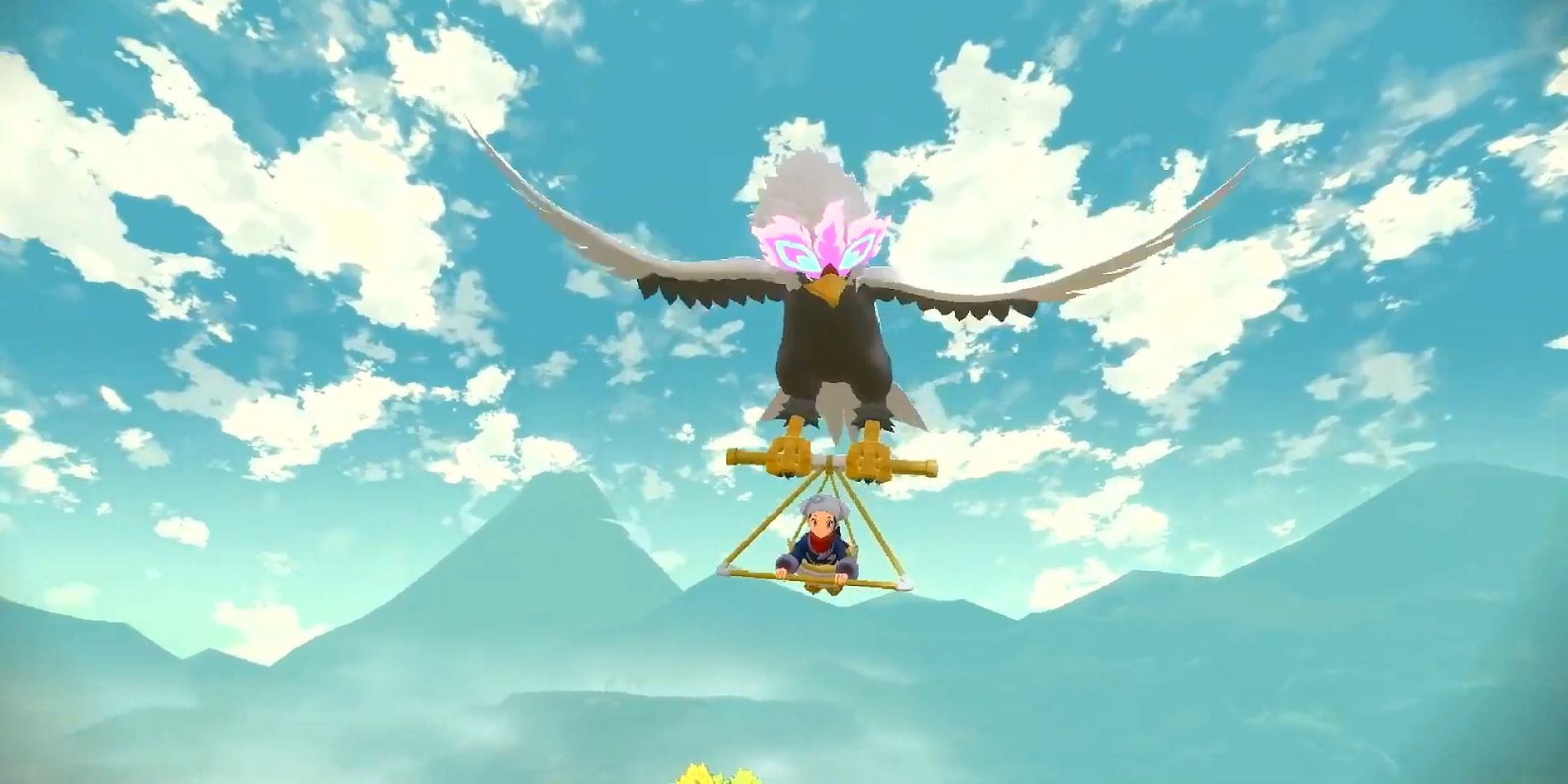 Akari flying thanks to Hisuian Braviary in Pokémon Legends: Arceus