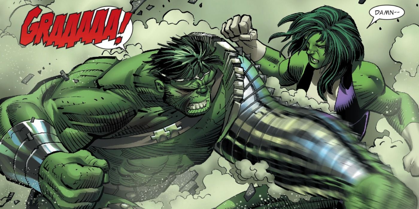 Hulk luta contra She-Hulk nos quadrinhos do Hulk da Guerra Mundial.