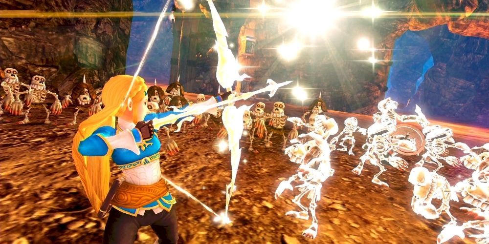 Zelda aims her bow towards an oncoming army in Hyrule Warriors