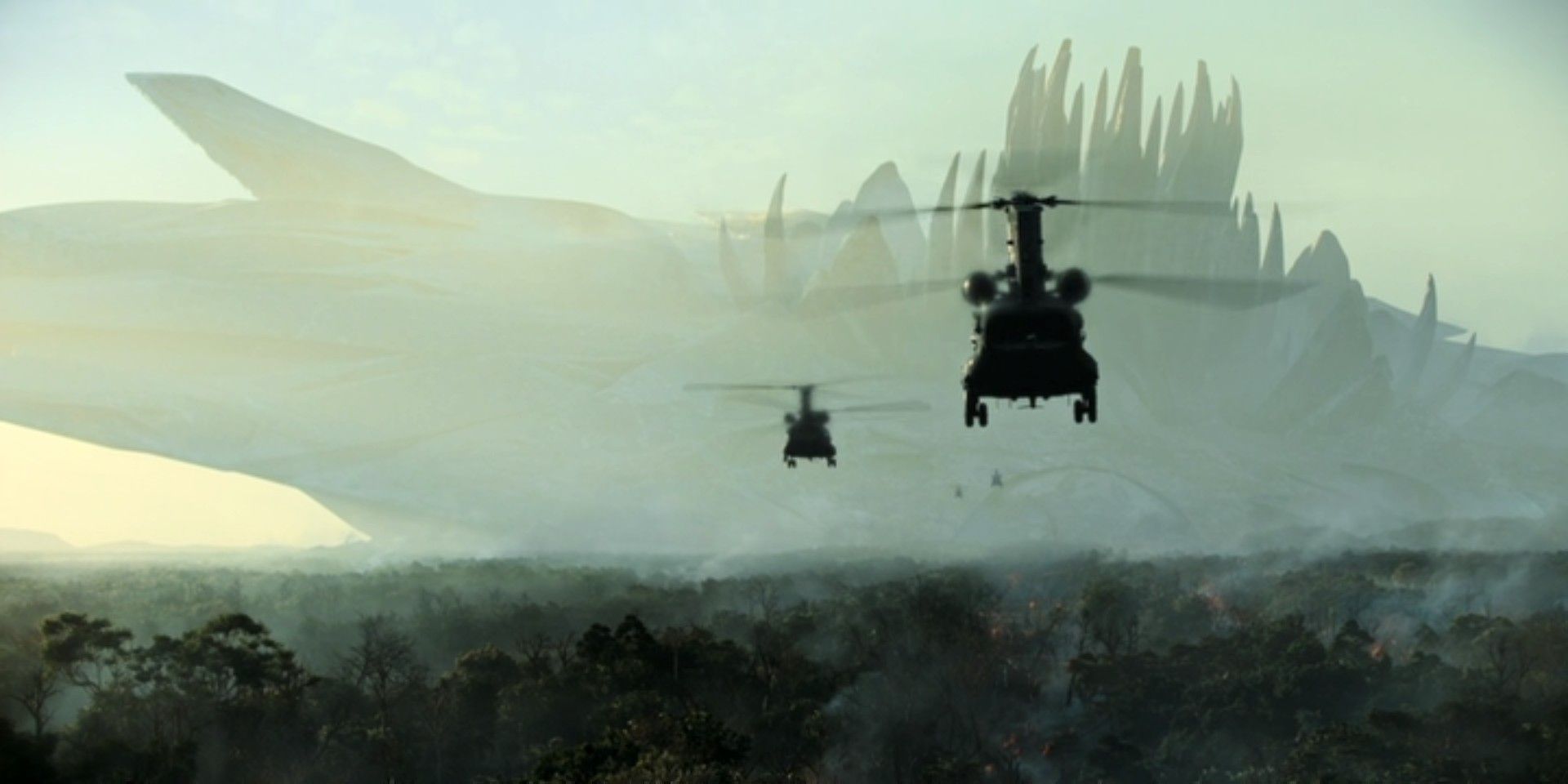 Choppers flying towards a giant alien spaceship