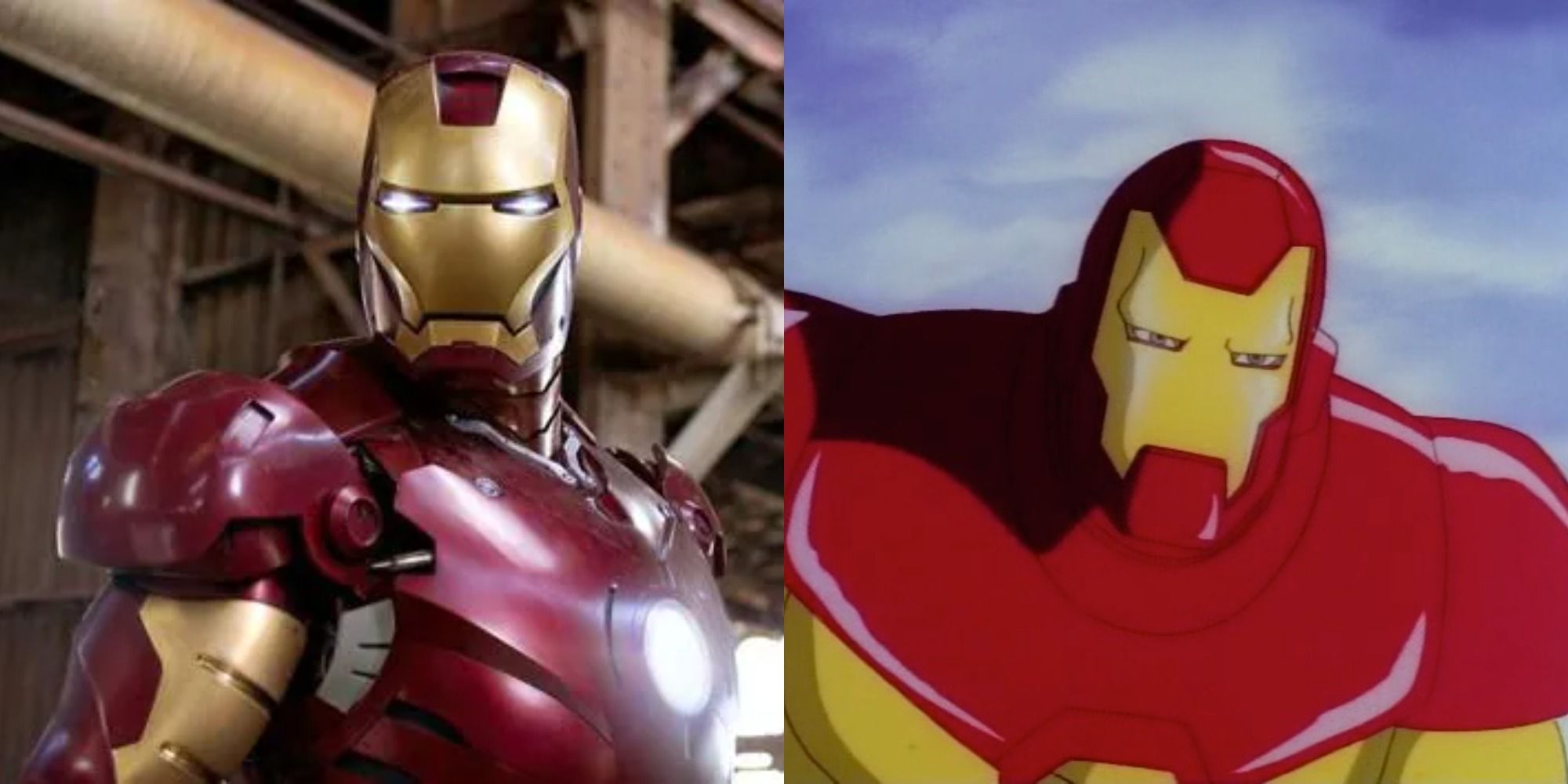 Split image of Iron Man in the MCU and in the animated series