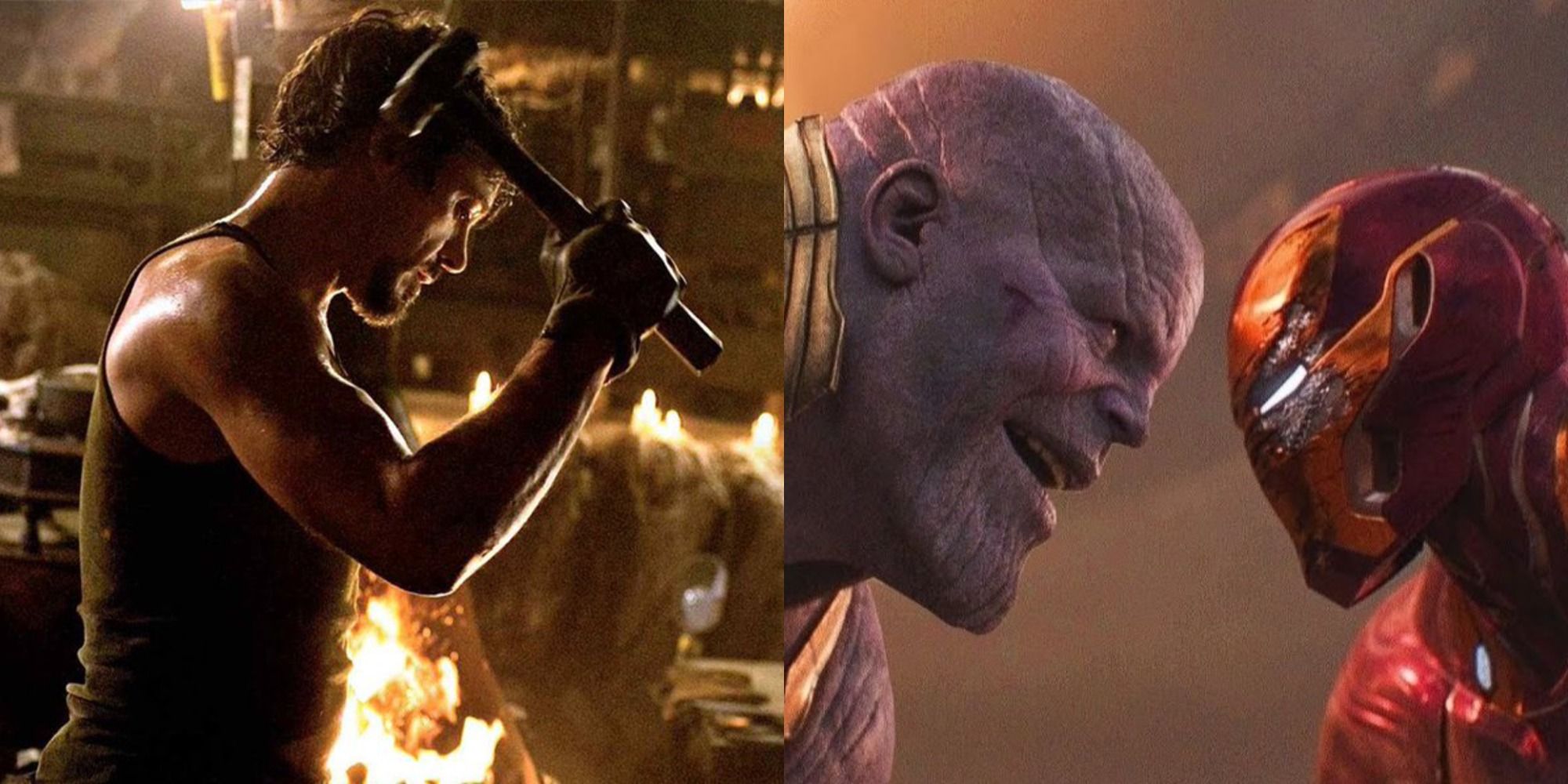 Split image of Tony Stark with a hammer and facing Thanos in the MCU