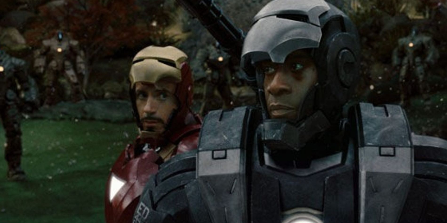Iron Man and War Machine are surrounded by drones in Iron Man 2