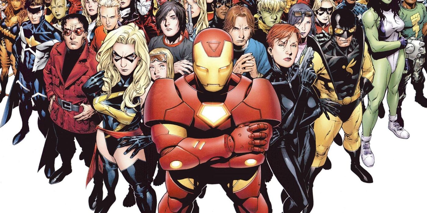 Comic book art: Iron Man leading the Avengers.