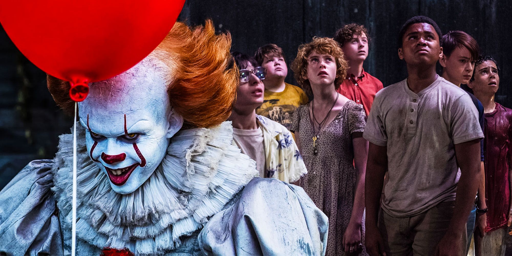 Pennywise holding a balloon and grinning in It with children in background.